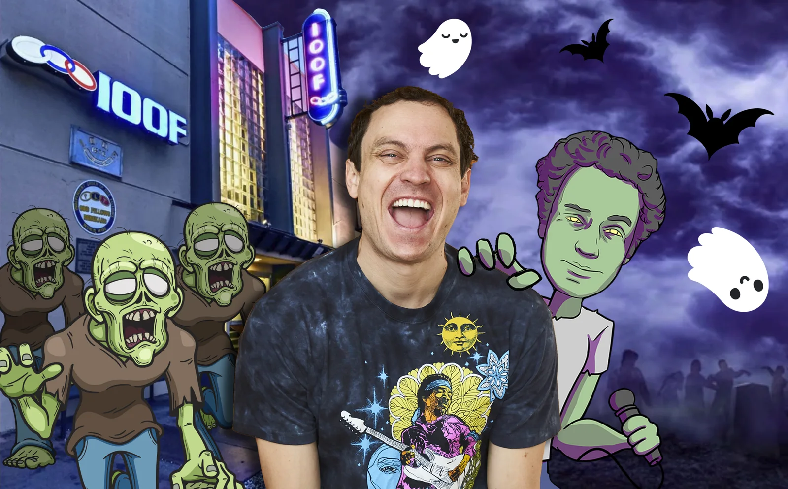 Poster for the 2022 Zombie Bike Ride Comedy Show: Brent Pella laughing outside the Davis Odd Fellows Lodge, surrounded by cartoon zombies.