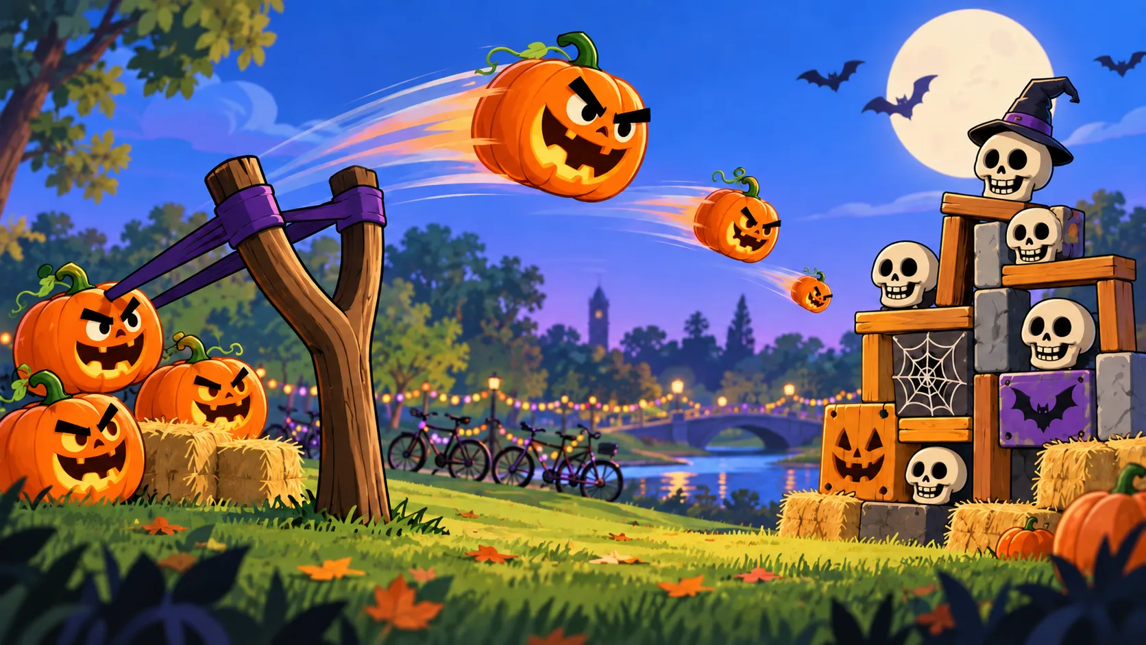 Cartoon artwork: a giant wooden slingshot launches grinning jack-o-lanterns at a tower of blocks and cartoon skulls in a moonlit park, with bikes and string lights behind.