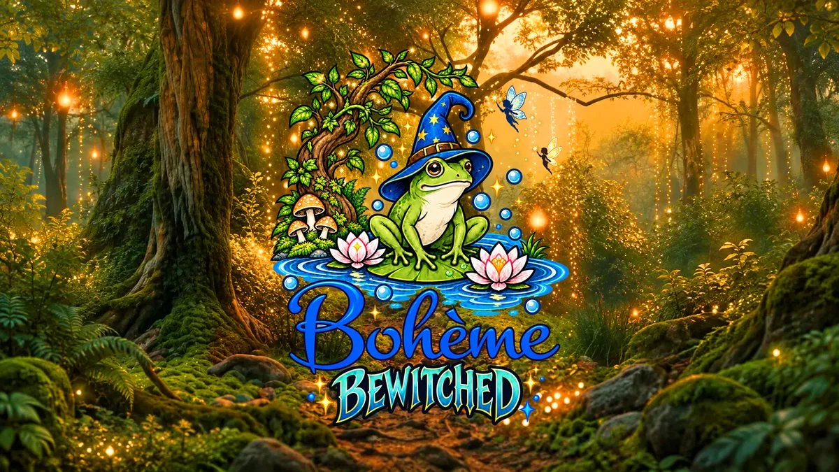 The Bohème Bewitched logo, a frog in a starry wizard hat on a lily pad, set over a sunlit enchanted forest hung with fairy lights.