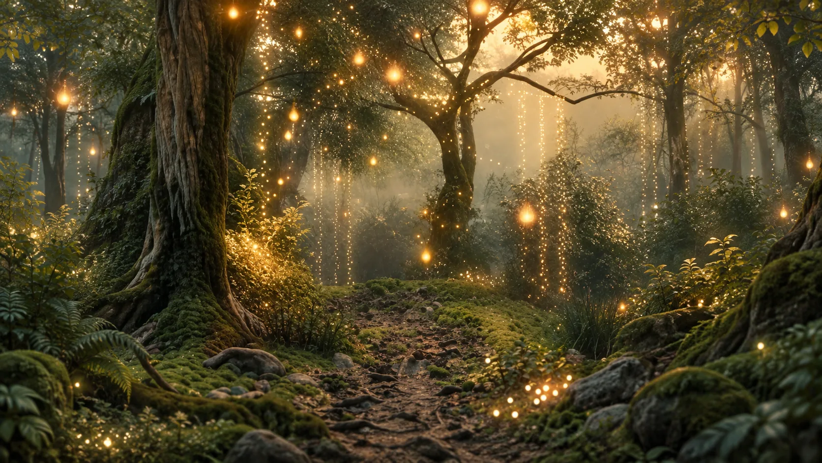 An enchanted woodland at dusk: mossy trees and ferns along a dirt path, hung with strings of warm fairy lights.