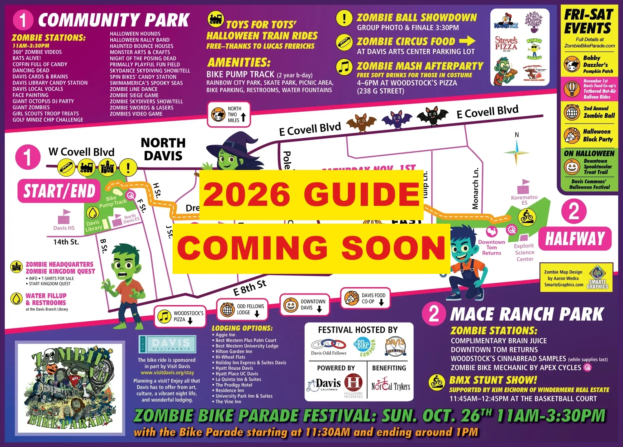 The Zombie Bike Parade Festival guide map showing Community Park, the parade route to Mace Ranch Park, zombie stations, food, amenities and lodging, marked 2026 guide coming soon.