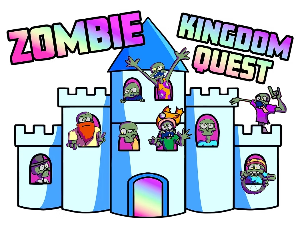 The Zombie Kingdom Quest logo: a blue cartoon castle with a zombie leaning out of every window, under rainbow lettering reading Zombie Kingdom Quest.