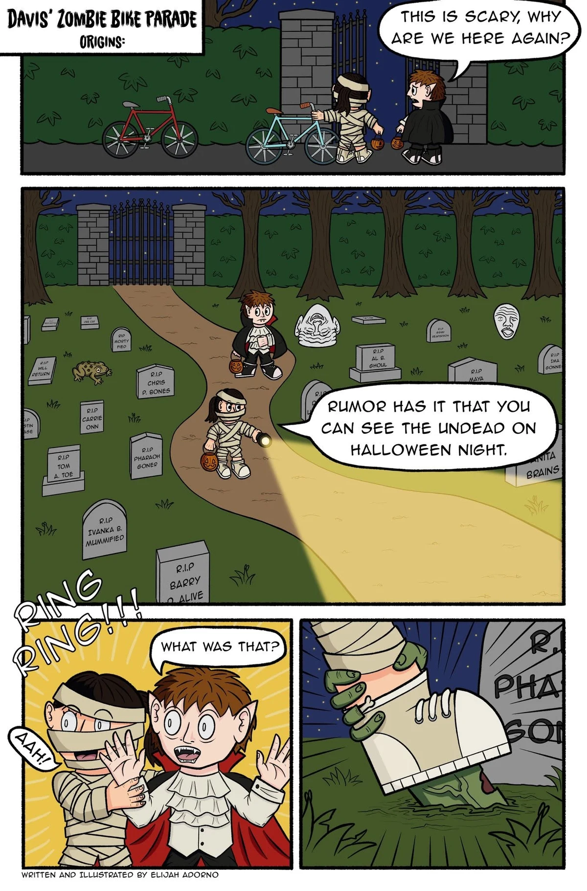 Page one of the Zombie Bike Parade origin comic: two children in Halloween costume wheel their bikes past a cemetery gate at night, told that the undead come out on Halloween, until something rings behind them and a green hand punches up out of a grave.