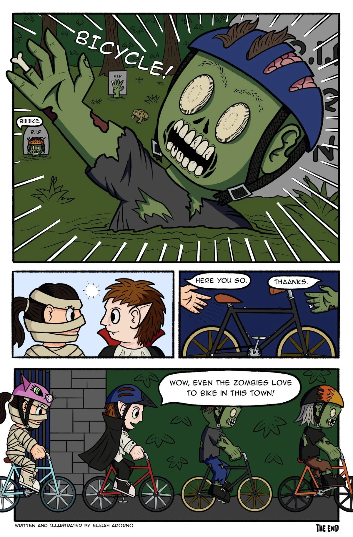 Page two of the Zombie Bike Parade origin comic: a green zombie in a blue cycle helmet bursts out of the grave shouting BICYCLE, is handed a bike, and rides off through Davis alongside the children, who conclude that even the zombies love to bike in this town.