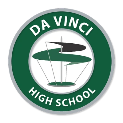 Da Vinci High School logo: a dark green and silver circular badge reading DA VINCI HIGH SCHOOL around a drawing of Leonardo da Vinci's aerial screw flying machine.