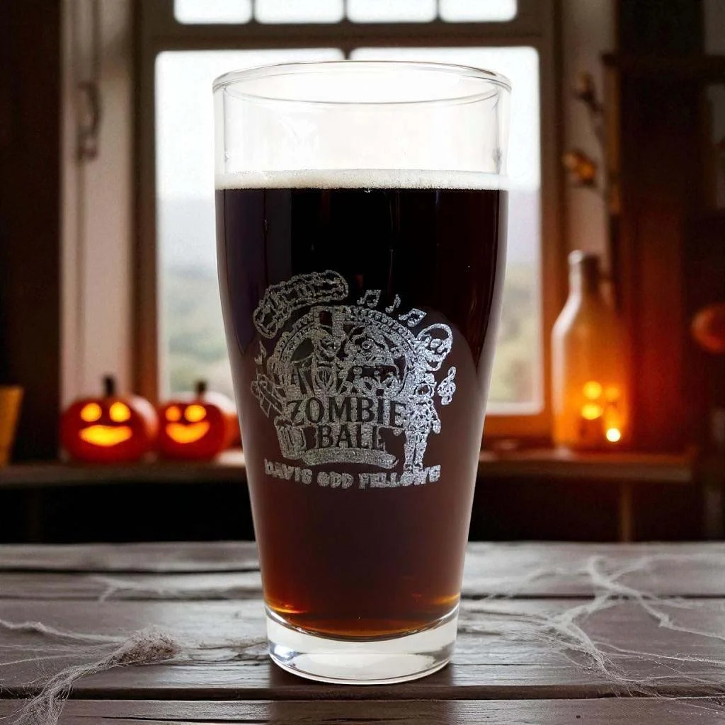 A pint glass etched with the Zombie Ball and Davis Odd Fellows crest, filled with dark beer beside lit jack-o-lanterns.