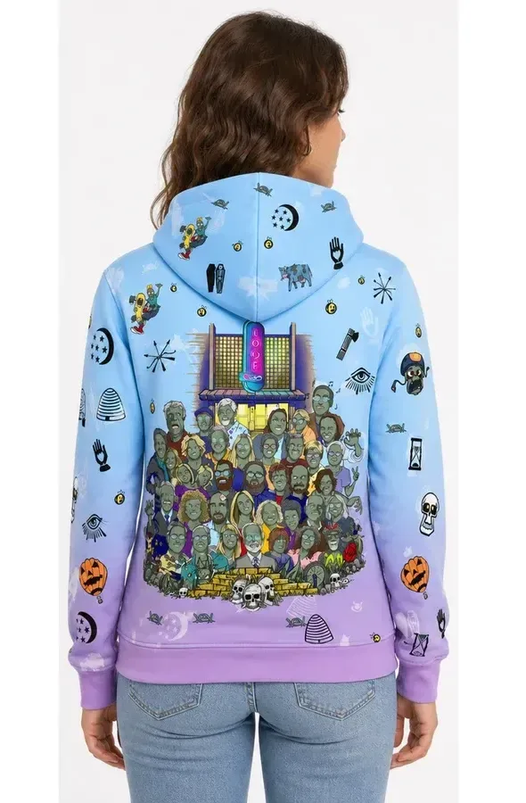 The same hoodie from the back, with a crowd of zombie characters printed across it in front of the Odd Fellows Lounge sign. Hover to see it.