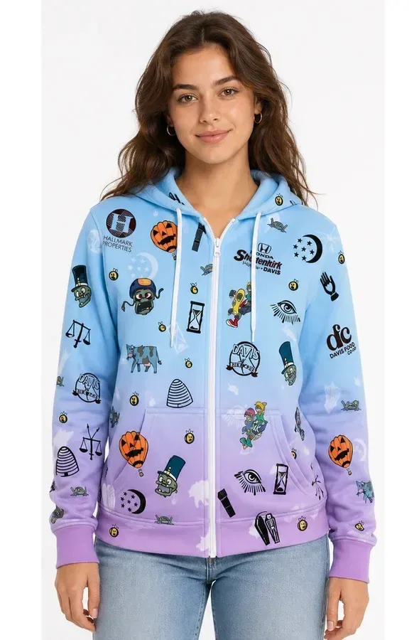 A model wears the Zombie Bike Parade zip hoodie from the front: a blue to purple fade covered in sponsor logos and little zombie characters.