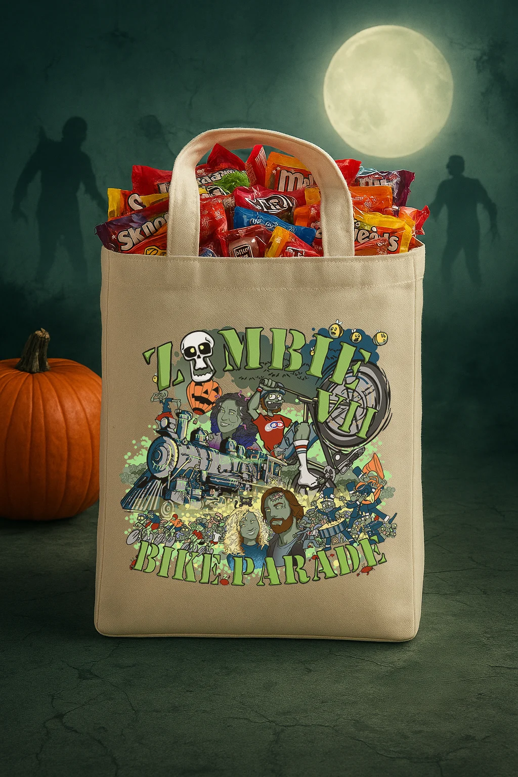 A canvas Zombie Bike Parade tote bag full of Halloween sweets, beside a pumpkin under a full moon.
