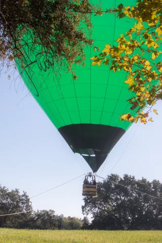 A dark hot air balloon is a thin shape over a hazy distant tree line.