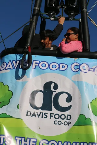 A clean close view of the round Davis Food Co-op logo on the basket banner.