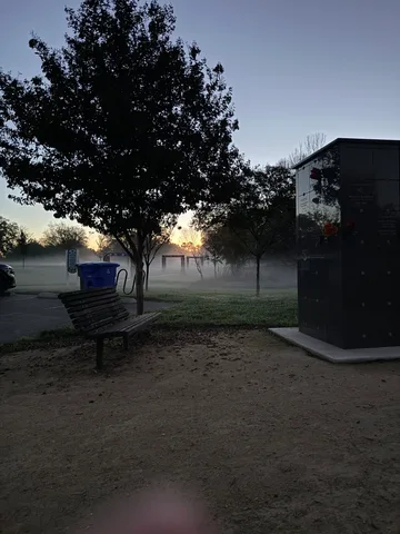 A dark silhouette of a tree and bench before sunrise.