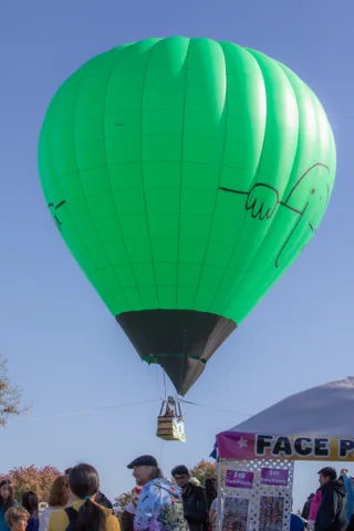 The green balloon floats above the face painting booth as a crowd gathers below.