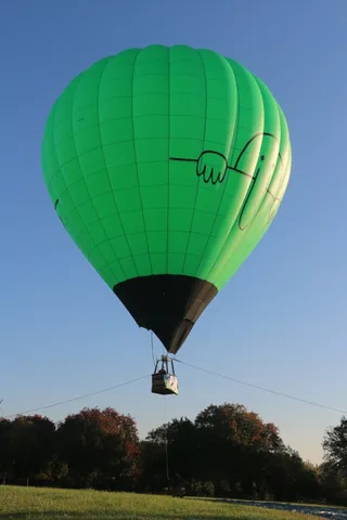 The green and yellow balloon rises against a clear blue morning sky above the treeline.