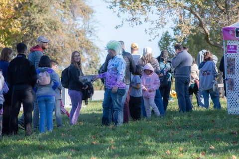 A crowd gathers in the field, seen mostly from behind.
