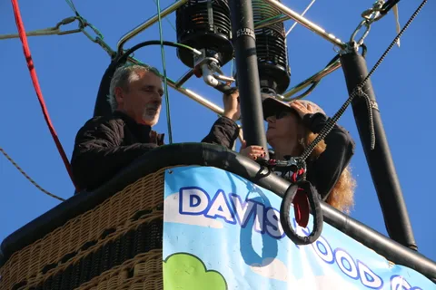 Two riders stand near the burners in the balloon basket against blue sky.