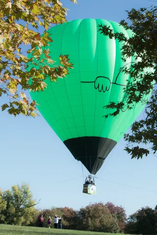 A green hot air balloon is mostly hidden behind an autumn tree branch.