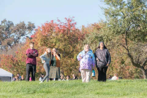 A small crowd of onlookers stands scattered across the grass near the tree line.