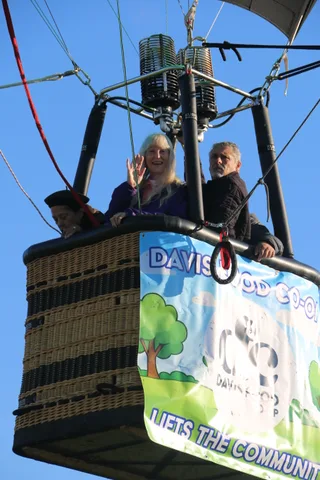 The Davis Food Co-op banner reads clearly on the basket side.
