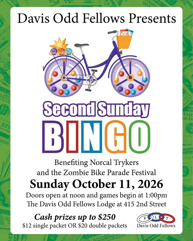 Second Sunday Bingo flyer: Davis Odd Fellows present Second Sunday Bingo, Sunday October 11 2026, doors at noon and games at 1pm, at the lodge at 415 2nd Street, benefiting NorCal Trykers and the Zombie Bike Parade Festival.