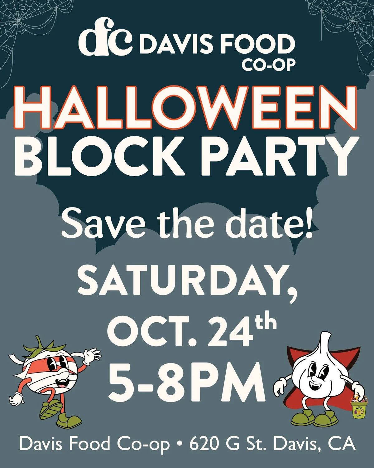 Davis Food Co-op Halloween Block Party flyer: Saturday October 24, 5 to 8pm at 620 G Street, with cartoon mummy and vampire garlic characters.