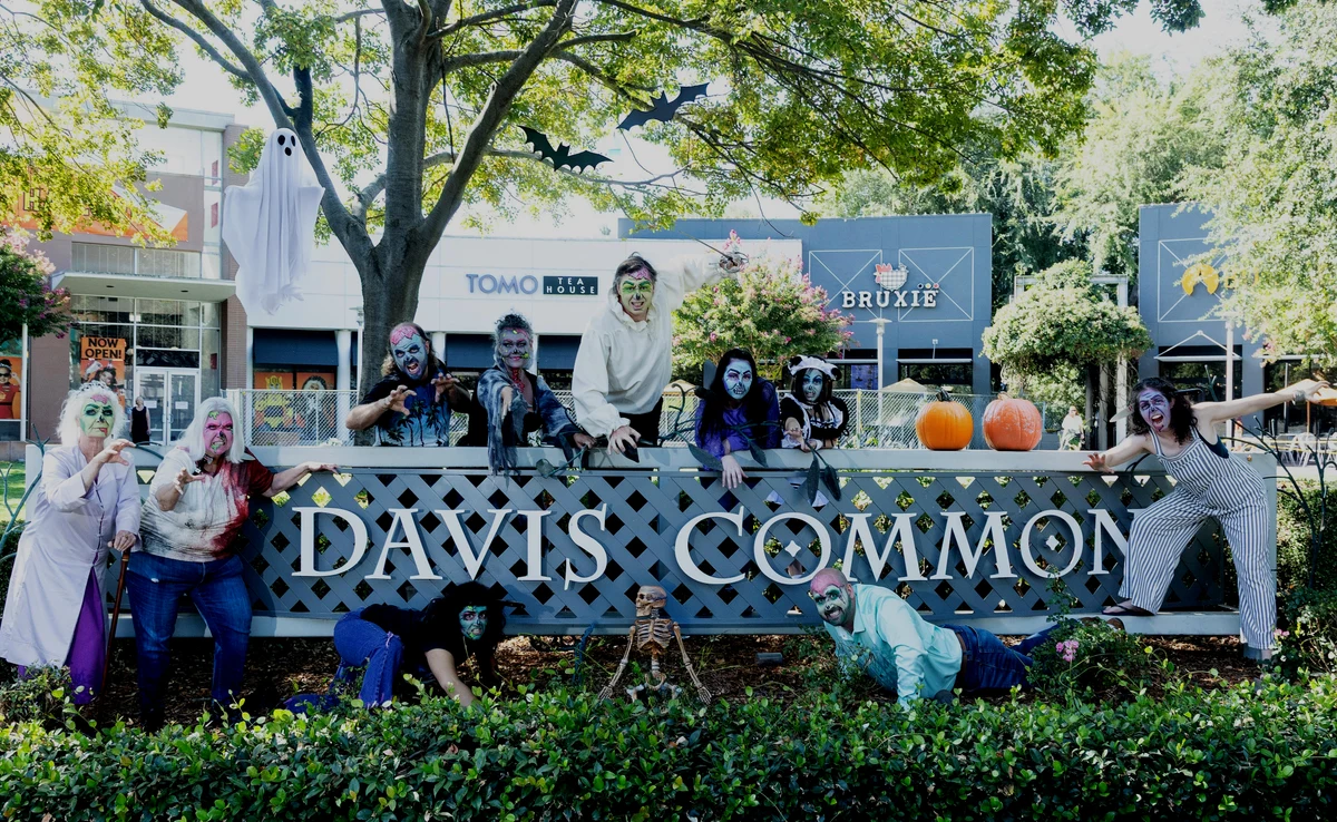A dozen people in zombie costume and face paint pose along the Davis Commons sign under bats and a ghost, with pumpkins on the wall behind them.