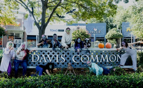 A dozen people in zombie costume and face paint pose along the Davis Commons sign under bats and a ghost, with pumpkins on the wall behind them.