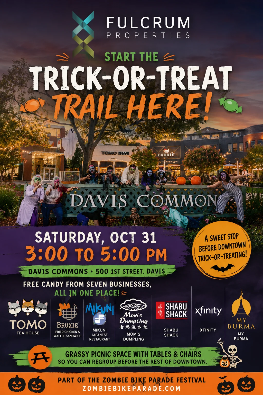 The 2026 Davis Commons flyer: Start the Trick-or-Treat Trail Here, Saturday October 31, 3 to 5pm, 500 1st Street, FREE candy from seven businesses.