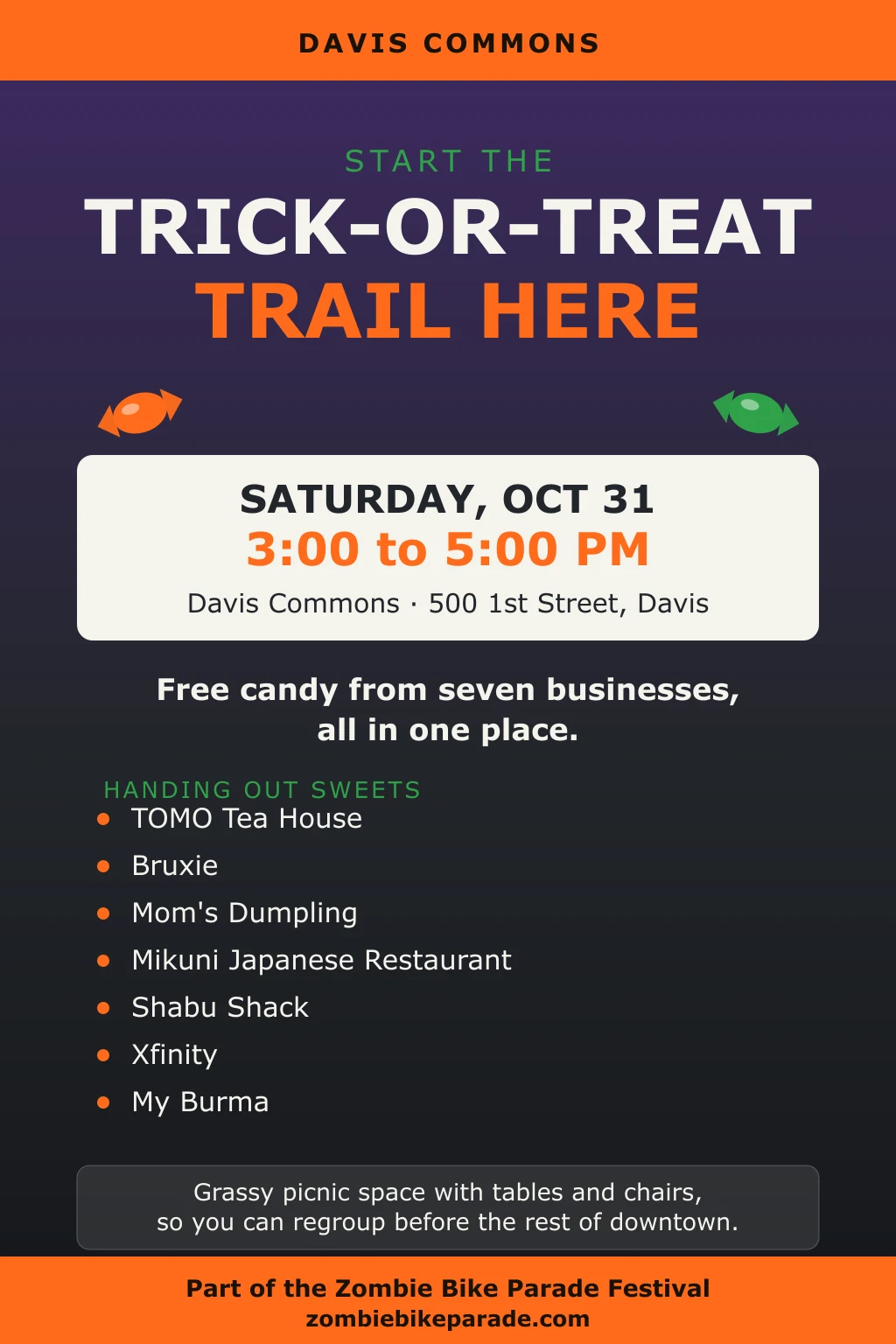 Davis Commons Trick-or-Treat Trail flyer: Saturday October 31, 3 to 5pm at Davis Commons, 500 1st Street, with the seven businesses handing out sweets listed.