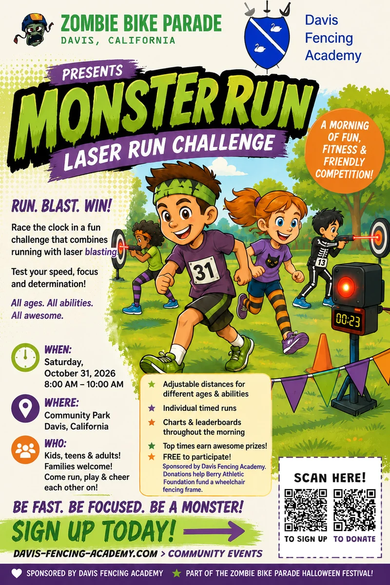 Monster Run Laser Run Challenge flyer by Davis Fencing Academy: cartoon children in costume racing across a park past laser targets and a timer, with Saturday, October 31, 2026, 8:00 to 10:00 am at Community Park, Davis, plus QR codes to sign up and donate.