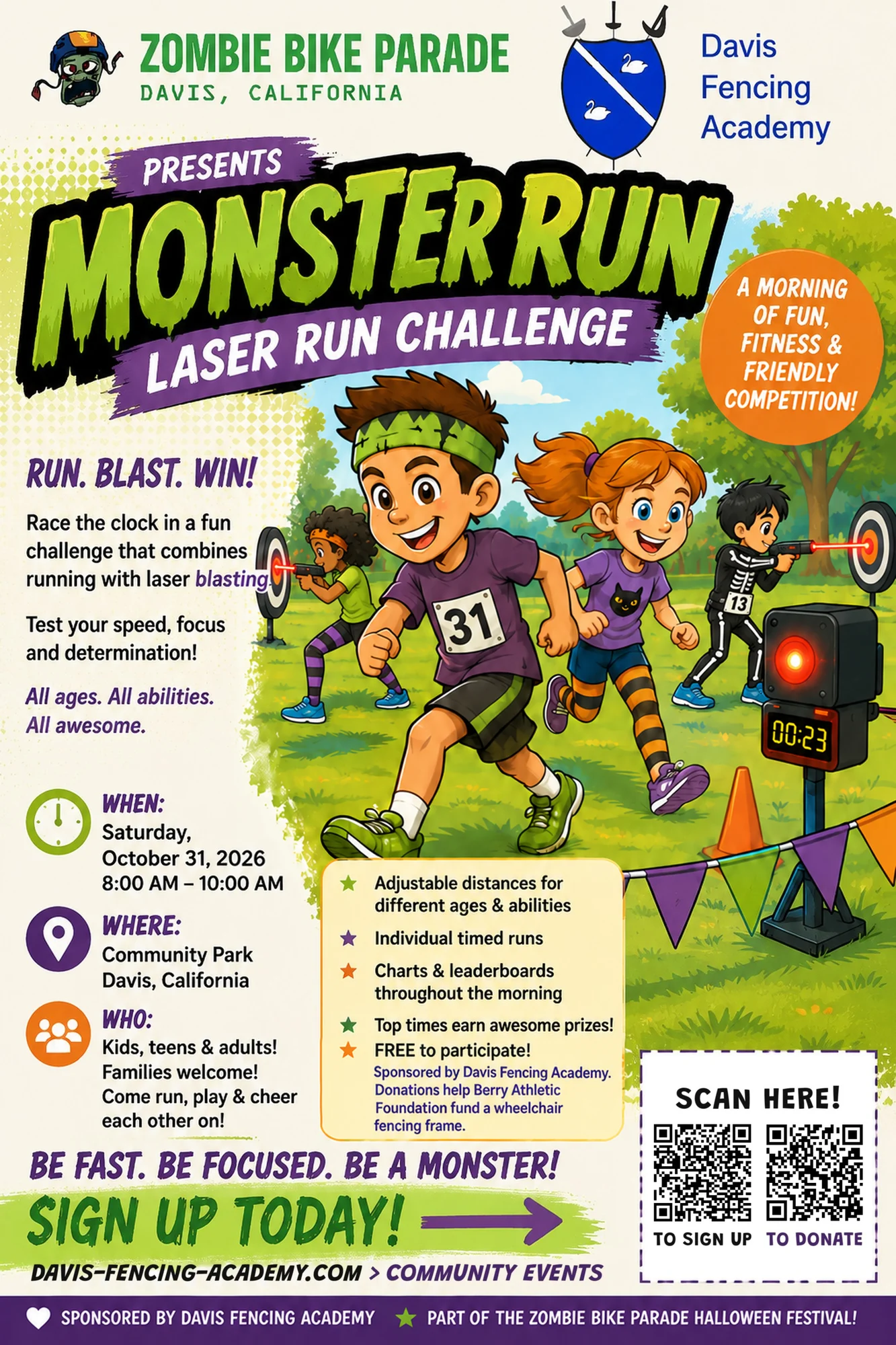 Monster Run Laser Run Challenge flyer by Davis Fencing Academy: cartoon children in costume racing across a park past laser targets and a timer, with Saturday, October 31, 2026, 8:00 to 10:00 am at Community Park, Davis, plus QR codes to sign up and donate.