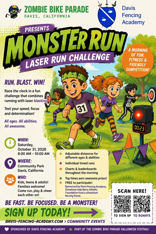 Monster Run Laser Run Challenge flyer by Davis Fencing Academy: cartoon children in costume racing across a park past laser targets and a timer, with the date Saturday October 31 2026, 8:00 to 10:00 am at Community Park, Davis, and two QR codes at the bottom, one to sign up for a start time and one to donate.