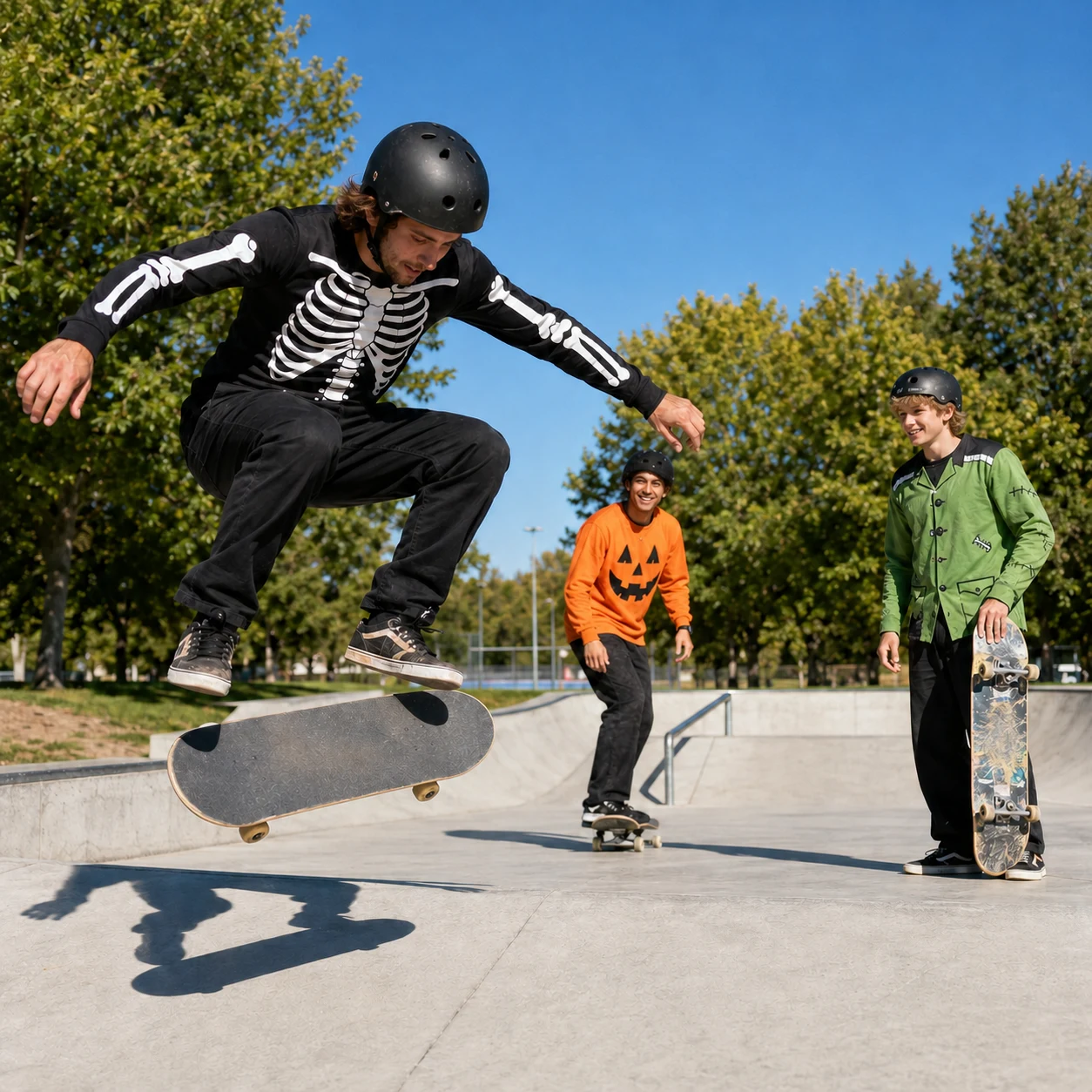 A skateboarder in a skeleton costume jumps a trick at the skate park while two costumed friends watch