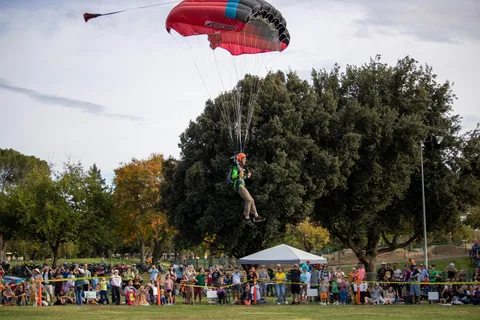 A skydiver descends over the trees as a large crowd watches from behind a taped-off landing area in the park.