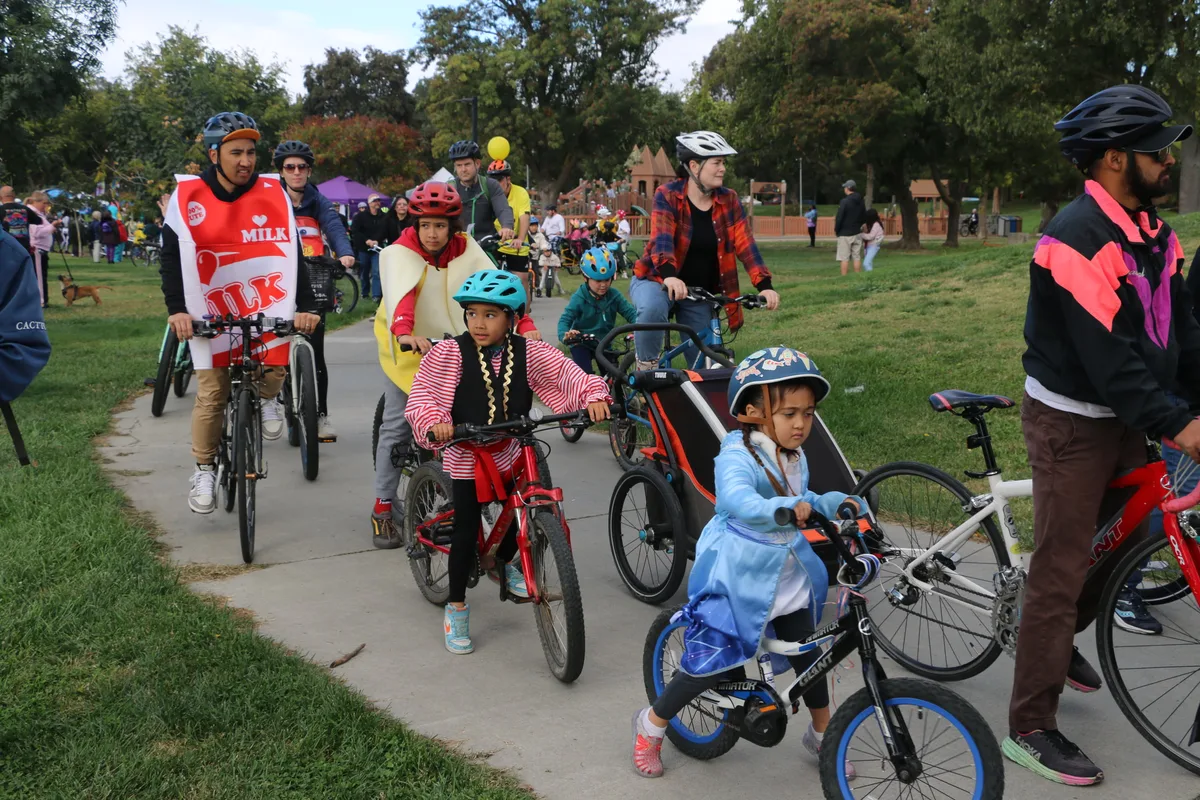 A crowd of cyclists ready to ride at the zombie bike parade