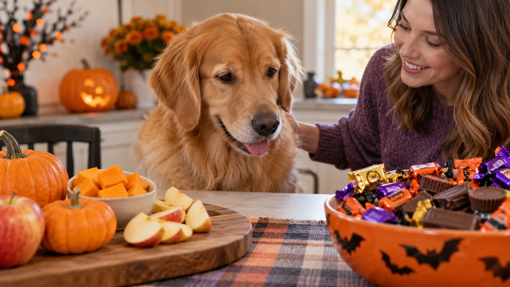 A golden retriever looks at plain pumpkin and apple pieces separated from wrapped Halloween candy while its owner watches.
