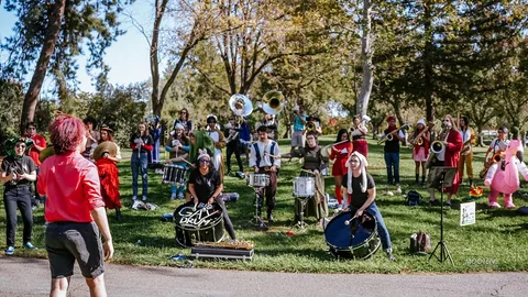 The full Noise Violation band plays on the grass: trumpets, sousaphones, saxophones and two bass drums, with a conductor in red facing them.