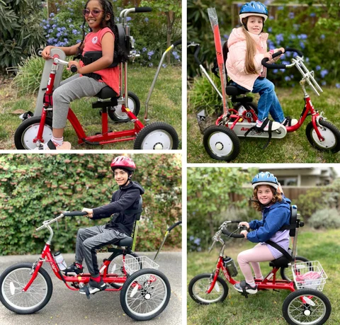 Four children, each riding a different style of custom adaptive trike.