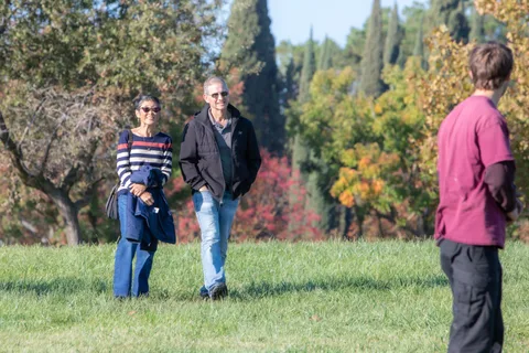 People stand watching on the grass in autumn