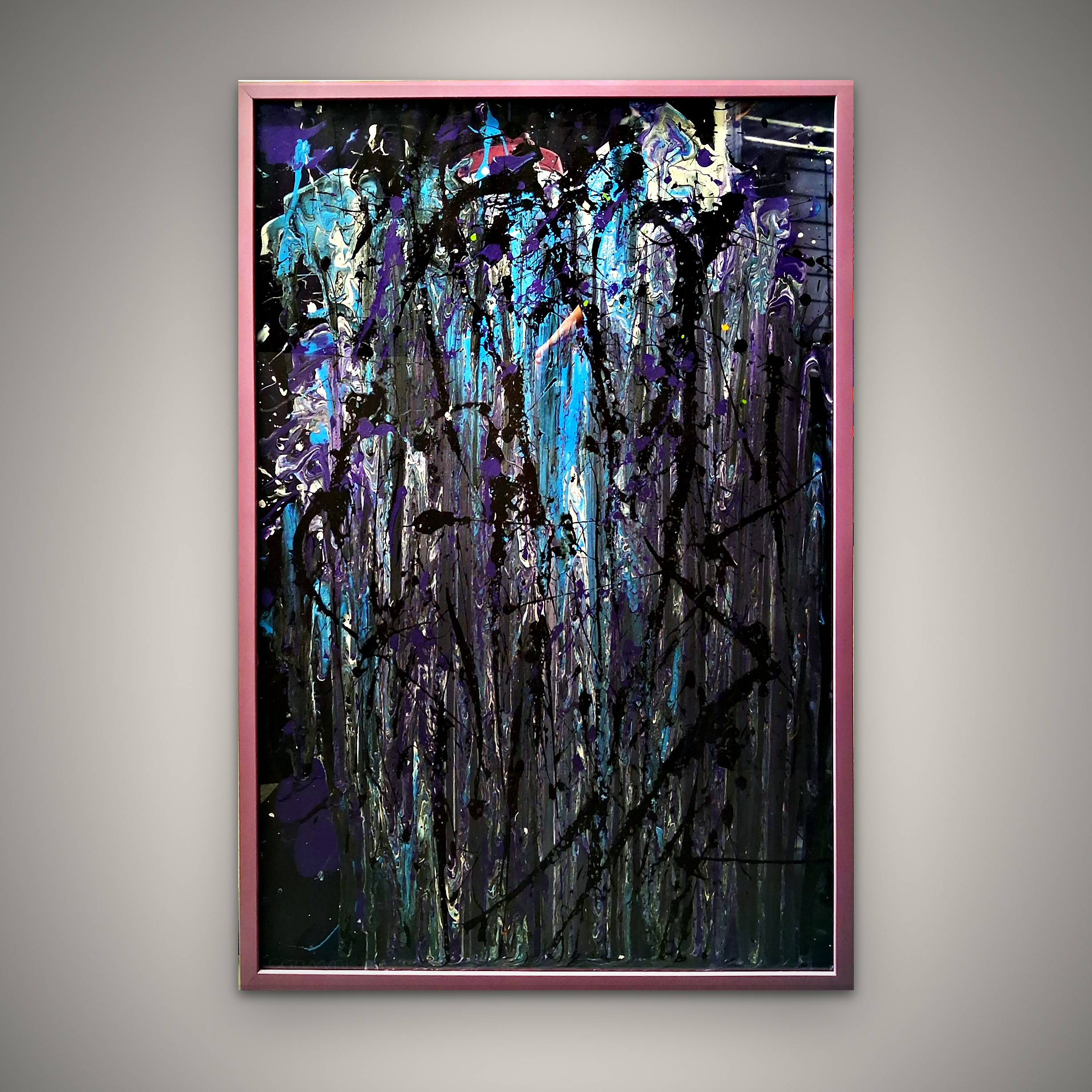 Framed abstract painting by Brendon Bush in blues, purples and black