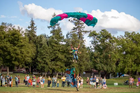 A skydiver comes in to land as the crowd watches from the grass.