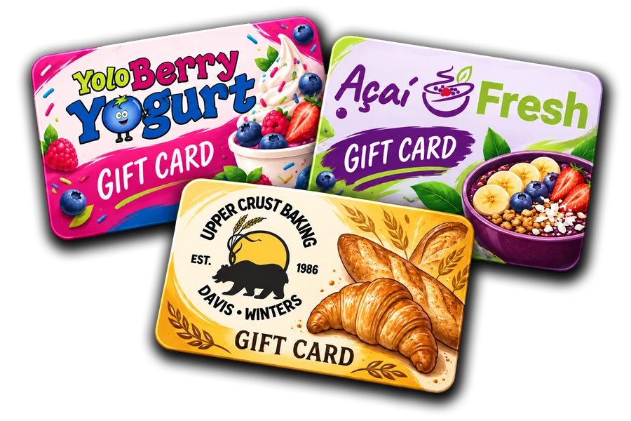 Gift cards from Yolo Berry Yogurt, Açaí Fresh and Upper Crust Baking fanned out together