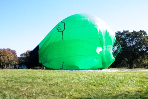 A green balloon lying inflated on its side on the lawn