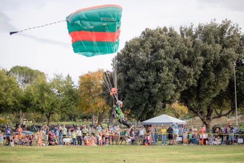 A skydiver comes in to land in front of the seated crowd.