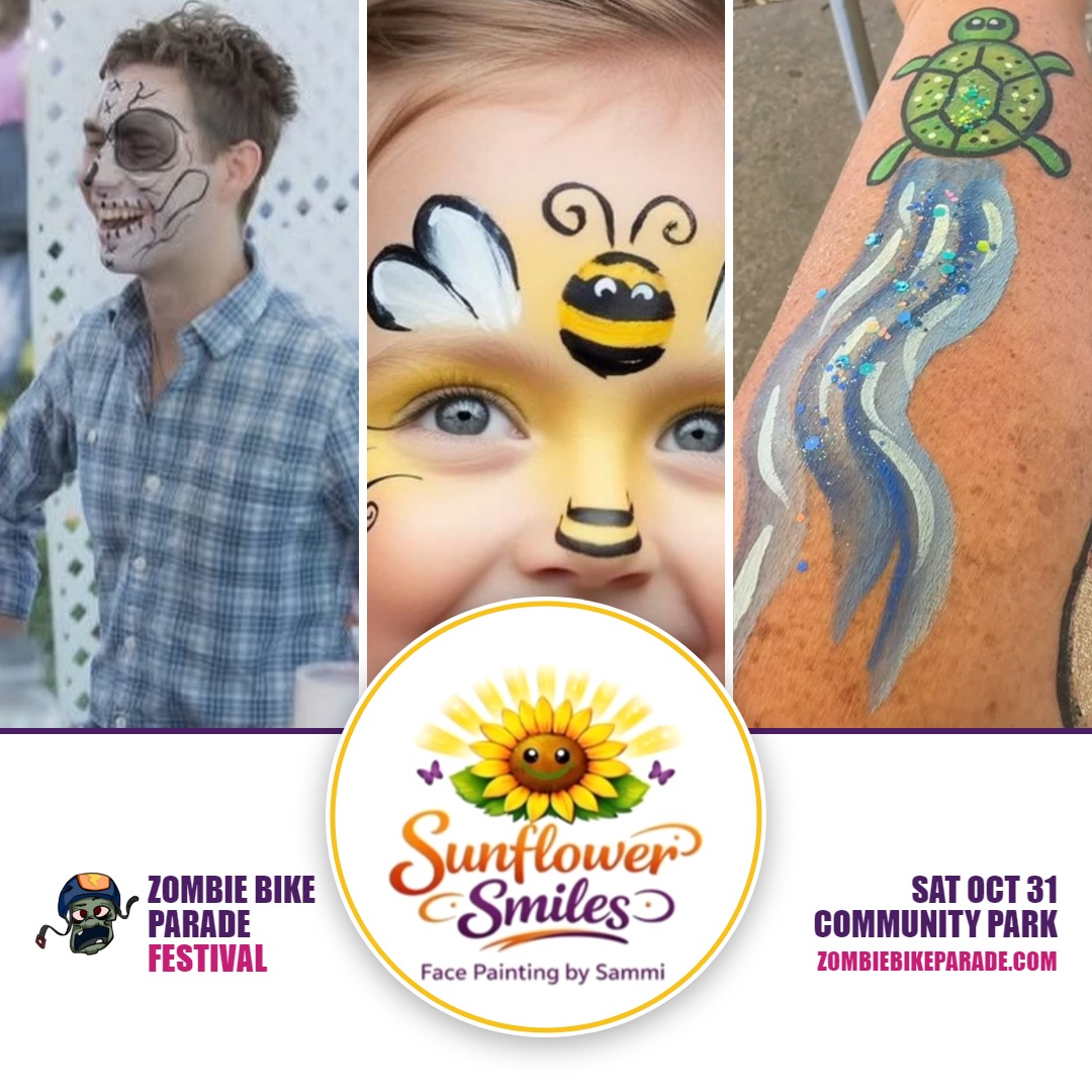 Face and body art by Sunflower Smiles, Face Painting by Sammi: a sugar skull face, a bumblebee face and a glitter sea turtle arm design