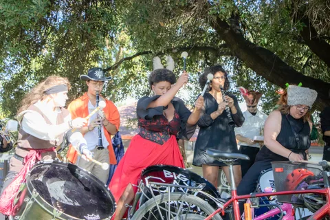 The full costumed band performs behind a row of parked bicycles.