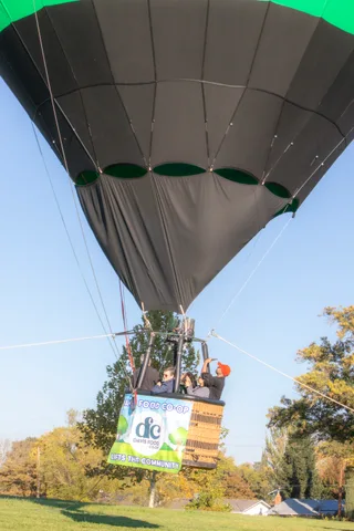 A sponsored balloon lifts its basket above the trees