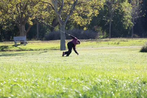 A person plays with a dog on an open lawn