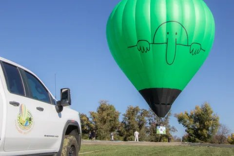 A green balloon rises beside a parked truck