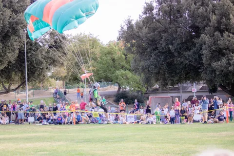 A teal and pink canopy sweeps in low across the field.